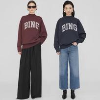 04 Winter North American AB Classic Letter BING Print Fleece High Collar Loose Women's Sweatshirt Small karališkos mėlynos spalvos