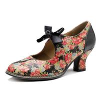 „Johnature“ moteriški batai „Sweet Print Pumps“ Vintažiniai kaimo gėlėti nėriniai „Bow“ moteriški mediniai aukštakulniai batai 36 juoda