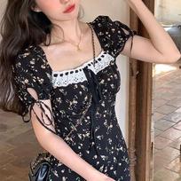 French Style Broken Flowers Dresses Women's Elegant Square Collar Lace Spliced Summer A-Line Split Fashion Drawstring Midi Dress S juoda