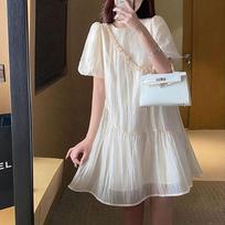 Korean Short Sleeve Midi Dress Women's Clothing Casual Round Neck Summer Thin Fashion Folds Spliced Commute Solid Color Dresses S smėlis