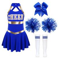 „Cheer Leader“ Helovino kostiumas mergaitėms Berankovių suknelių komplektas su „Pom Poms“ linksmybių šokiams 9-10 Years mėlyna