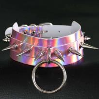 Holographic Choker Spiked Necklace Punk  Goth Leather Collar Women Kawaii Chocker Party Jewelry