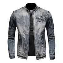 Aukščiausios klasės vyriškas džinsinis švarkas Laisvalaikio Retro Didelio dydžio Stovintis apykaklė Užtrauktukas Biker Motociklininko Paltai 4XL mėlyna