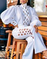 Nėriniai ilgomis rankovėmis balti marškiniai ir kelnės Retro dviejų dalių kostiumas, 2021 m. kolekcija 2XL balta