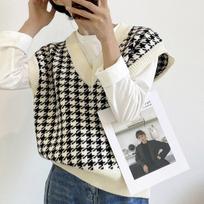 Nauji moteriški „Houndstooth“ palaidi megzti liemenės megztiniai su V kaklu be rankovių, stori laisvalaikio megztiniai, moteriški liemenės viršūnės 17502 L balta