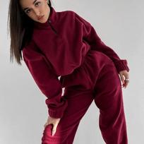 Moteriškas vilnonis kostiumas, laisvas megztinis ilgomis rankovėmis ir kelnės aukštu juosmeniu, 2 dalių komplektas, moteriškas 2024 m. žiemos mados šiltas sportinis kostiumas S vyno raudonos spalvos