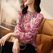 Female Clothing Vintage Stand Collar Blouse Stylish Floral Printed Spring Summer Long Sleeve Elegant Ruffles Loose Chiffon Shirt L rožinė