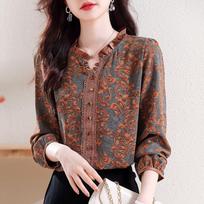 Women Korean Fashion Vintage Print Ruffle Blouse Elegant Chic Lace Patchwork Shirts Casual V Neck Long Sleeve Loose Tops Blusas L pilka spalva
