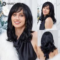 HAIRCUBE Natūralūs juodi banguoti žmonių plaukų mišiniai perukai Pečių ilgio sintetiniai perukai su kirpčiukais, karščiui atsparūs moterų plaukams