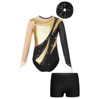 Mergaičių tinklinis ilgomis rankovėmis gimnastikos triko su rakto skylutės nugaros dizainu ir V formos juosmens šortais 7-8 Years juoda/violetinė