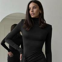 LYRIA Turtleneck Thigh High Split Sexy Maxi Dress For Women Fashion Long Sleeve Draped Bandage Bodycon Club Long Dress S juoda