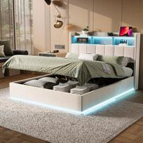Lova 160x200cm su hidrauline sandėliavimo funkcija - su LED ir USB - aksominė - balta