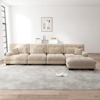 Modulinė kampinė sofa L formos 4 vietų su ottomanu, chenille audinys, šviesiai ruda