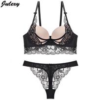 Julexy Sexy Push Up liemenėlės rinkinys nėriniuotas kelnaičių komplektas Moteriškas liemenėlės trumpas rinkinys 75A juoda