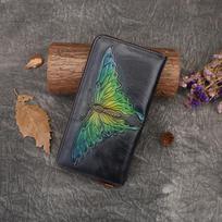 „Johnature Butterfly“ reljefinės natūralios odos piniginės moteriškos retro stiliaus karvės odos piniginės kortelių laikiklis Rankų darbo ilga piniginė mėlyna