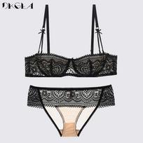 DKGEA seksualus liemenėlių rinkinys 1/2 puodelio permatomo siuvinėjimo nėrinių apatinių drabužių komplektas moterims 70A juoda