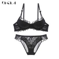 DKGEA plonas moteriškas apatinis trikotažas Sexy Bra Set Plus Size CD Cup Brassiere Lace 70B juoda