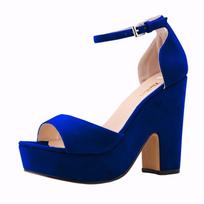 Vasariniai sandalai su kulkšnies dirželiu 12 cm Moteriški pompos Sexy Peep Toe Kvadratiniai aukštakulniai Moteriški batai Flock platforma vestuviniai batai 36 mėlyna