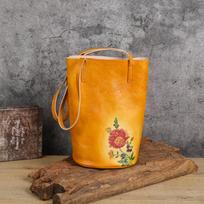 Natūralios odos moteriškos rankinės Vintažinio dizaino pečių krepšiai moterims Classic Bucket Bag 19*15*31cm geltona