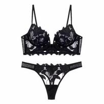 Prancūziškų nėrinių gėlių siuvinėjimo liemenėlių rinkinys Sexy Deep V Push Up Bras Moteriški itin ploni apatiniai su dirželiais, kvėpuojantis apatinis trikotažas S juoda