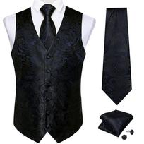 Vyriškas formalus vestuvinis liemenės ir kaklaraiščio rinkinys, šilkinis, paisley rašto, mėlynas, juodas, slim fit, smokingo liemenė S