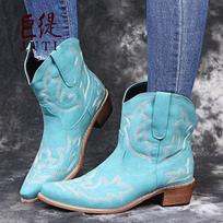 Moteriški vakarietiški kaubojų batai moteriški odiniai kvadratiniai aukštakulniai trumpi batai Cowgirl bateliai kulkšnies Botas kazokai Batai Country 35 mėlyna