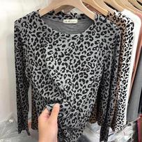 Leopardo rašto marškinėliai, moteriški ilgomis rankovėmis pavasario rudenį, plonos korėjietiškos palaidinės, moteriškos, laisvalaikio marškinėliai su iškirpte XL pilka