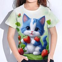 Viršutiniai drabužiai vaikams trumpomis rankovėmis Vasariniai kačių marškinėliai Mergaičių vaikiški drabužiai 3D spausdinimo marškinėliai Korėjos Kawaii marškinėliai nuo 10 iki 14 metų 100