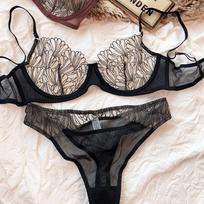 Summer Lace Ultra Thin Women Underwear French High Quality Feather Push Up Bra Set Sexy Brassiere and Hollow Panties Sets Ladies S juoda