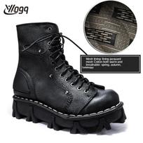 Madingi vyriški natūralios odos žieminiai vakarietiški kaubojų batai iki blauzdos vidurio Skull Goth Punk platforminiai motociklo batai, taktiniai apvalūs pirštai 38