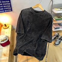 Medvilniniai skalbti vyriški marškinėliai Vintažiniai solidūs marškinėliai Kasdieniai Harajuku Retro trumpomis rankovėmis, laisvi, baziniai apvaliu kaklu S juoda