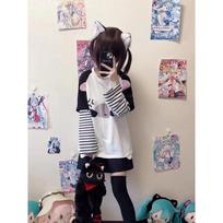 Y2k Harajuku Kawaii dryžuoti marškinėliai Moteriški japoniškos mados kratinys Animacinių filmų marškinėliai Moteriški Pavasario naujiena S juoda