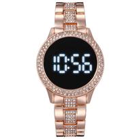 Unisex Double Row Diamond vandeniui atsparus LED laikrodis su dideliu ciferblatu rožinio aukso spalvos