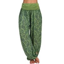 Moteriškos spausdintos plačios haremo kelnės laisvalaikio kuprinės „Hippy Yoga Boho“ didelio dydžio kelnės S žalia