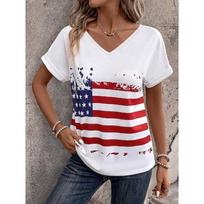 Moterų marškinėliai su Amerikos vėliavos spauda, V formos iškirpte, trumpomis rankovėmis, laisvalaikio, vasaros, patriotiški viršutiniai drabužiai S brown