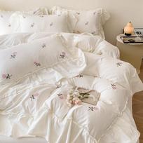 Prancūziška minkšta skalbta medvilnė keturių dalių rinkinys, išsiuvinėtas raukiniais kraštais antklodės lovatiesė 1.5m bed