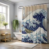 Didžioji banga prie Kanagavos Dušo užuolaida, Hokusai Japonų meno Vonios kambario dekoras, Vonios kambario dekoras, Meninė dušo užuolaida W90xH180cm
