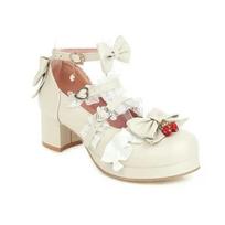 Lolita Girls Mary Janes Shoes Bow Strawberry Ruffles Sweet Princess Wedding Party Shoes Women High Heels Cosplay Plus Size 31-43 34(22cm)