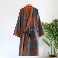Moteriška grynos medvilnės dažyta verpalais kimono naktinė suknelė - Pavasario/Rudens vidutinio ilgio retro chalatas pižama M for 90-130 Jin