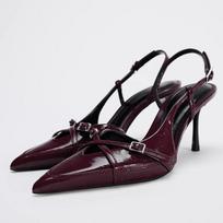 Dizainerio mėlyno džinsinio audinio Slingback su sagties dirželiu Moteriški bateliai Seksualūs Smailianosiai Aukštakulniai Elegantiški vakarinių suknelių bateliai Zapatos De Mujer 35 vyno raudonos spalvos