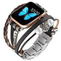 Rankų darbo papuošalų dirželis „Apple Watch“ 45 mm, 41 mm, 44 mm, 40 mm, 49 mm, 42 mm, 38 mm metalinei odinei apyrankei „iWatch Ultra 9, 8, 7, 6, 5, 4, 3 SE“ 42mm 44mm 45mm 49mm black