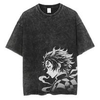 Anime Rūgštiniu būdu apdoroti Kamado Tanjirou Grafiniai Marškinėliai Vyrams Manga Marškinėliai Oversized Medvilniniai Marškinėliai Harajuku Vyriškas Vintage Viršutinė dalis S