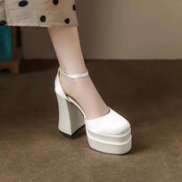 2024 Mary Jane Block Heels High Quality Satin Women's Ultra High Heels Round Toe Thick Sole Ankle Straps Party Wedding Shoes 33 balta