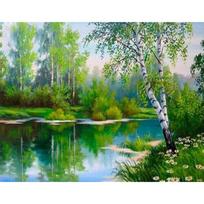 Deimantinis dažymas kryželiu Miško pavasario peizažas Deimantinis siuvinėjimas Natūralus ežeras 20X30CM