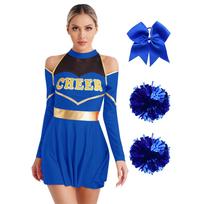 „Cheer Leader“ kostiumas. Moteriška „Cerleader“ uniforma mokyklinė suknelė su pomponais galvos juosta Helovino karnavalinės puošnios suknelės kostiumas M mėlyna