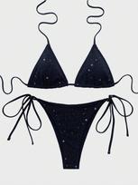 Moteriškas maudymosi kostiumėlis vienspalvis trikampis krepšys kaklaraištis blizgučiai Sexy Bikini maudymosi kostiumėlis paplūdimio drabužiai maudymosi kostiumėliai S juoda