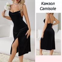 V kaklo aksominiai ilgomis rankovėmis seksualūs šilko naktiniai marškiniai su skeltu nugara su paprastu chalatų komplektu XS Camisole*1 juoda