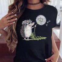 New Women's T-shirt Hedgehog and Dandelion Fashion Printing T Shirt Harajuku Short Sleeve Black Tops Female Tshirt Clothing S