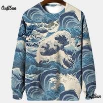 Japoniškas Ukiyo-e Megztinis Vyrams Ilgomis Rankovėmis T-shirt Apvalia Kaklo Išleidžiamas Didesnio Dydžio Pavasariniai Drabužiai Ploni Laisvalaikio Vyriški Gobtuvai 2024 S