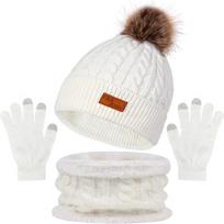 Žiemos šiltas šalikas kepurė pirštinių rinkinys jutiklinis ekranas pirštinės Pomponas medvilninės pupelės Bonnet pliušinis storas kaklaskarės unisex megztas terminis rinkinys one size balta